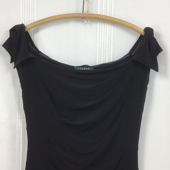 Lauren Black Ruched Lined Jersey with Cap and Bow Sleeves Cocktail Dress - Picture 15 of 16